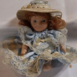Vintage Porcelain Bisque Miniature Dolls W/Blue Dress & Hat , Jointed 3" Tall
